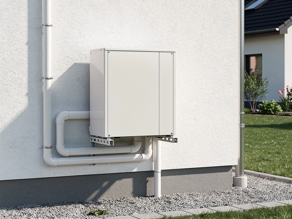 Groupe extérieur d'une pompe à chaleur air-eau fixé contre le mur d'un pavillon