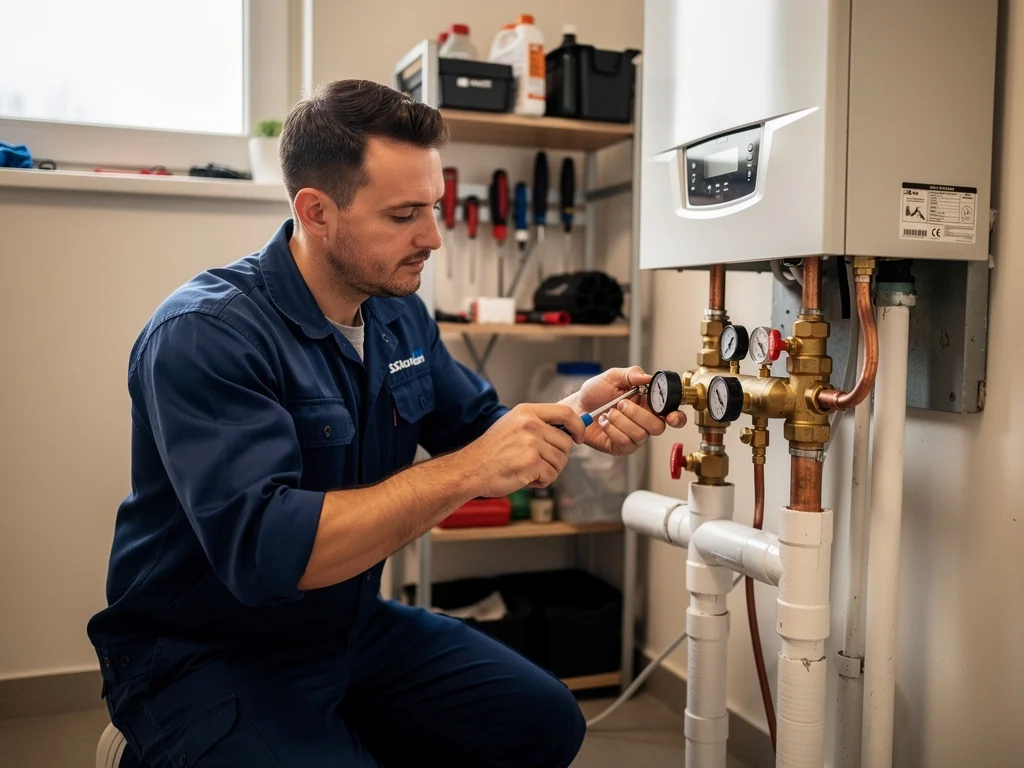 Installateur RGE effectuant le raccordement d'une pompe à chaleur en local technique