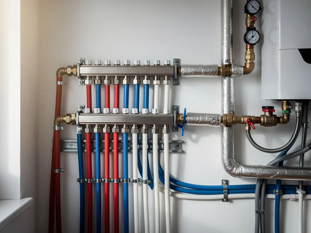 Nourrice de plancher chauffant reliée au module intérieur d'une pompe à chaleur